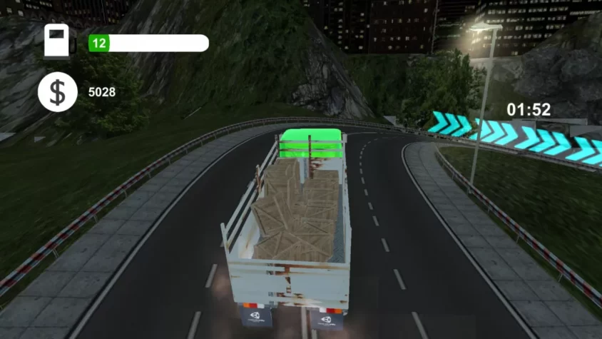 Геймплей Extreme Truck Simulator: грузовик на извилистой дороге с коробками на прицепе