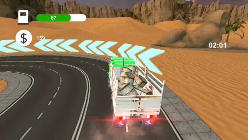 Геймплей Extreme Truck Simulator: грузовик с бочками на дороге в пустыне