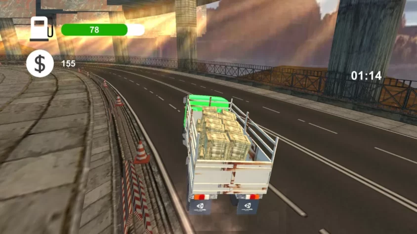 Геймплей Extreme Truck Simulator: грузовик с коробками на мосту, ограждения и в небе сумерки
