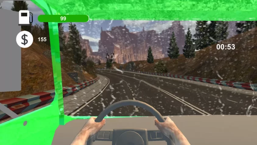 Геймплей Extreme Truck Simulator: вид из кабины грузовика с снежным дождем на дороге