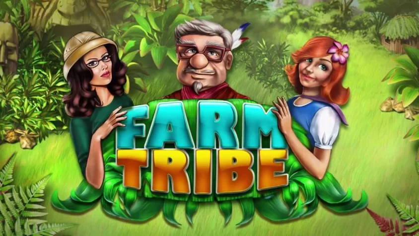 Обложка игры Farm Tribe с персонажами, стоящими на фоне зелени