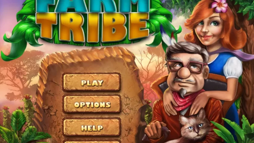 Главное меню игры Farm Tribe с кнопками и персонажами на фоне джунглей