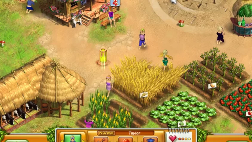 Геймплей Farm Tribe с персонажами, работающими на ферме с посевами и животными