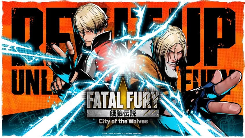 Два дерущихся бойца из игры FATAL FURY: City of the Wolves на фоне взрыва электрических разрядов