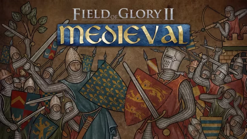 Field of Glory II: Medieval - сражения на поле битвы Обложка игры Field of Glory II: Medieval с рыцарями, дерущимися в стиле средневековых сражений