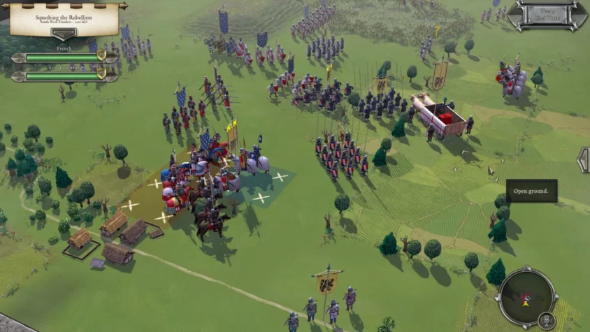 Поле битвы в игре Field of Glory II: Medieval с рыцарями и пехотой, сражающимися за территорию