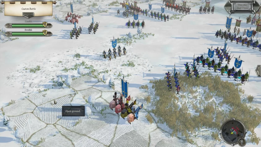 Поле битвы в игре Field of Glory II: Medieval с армиями в снегу, готовыми к сражению