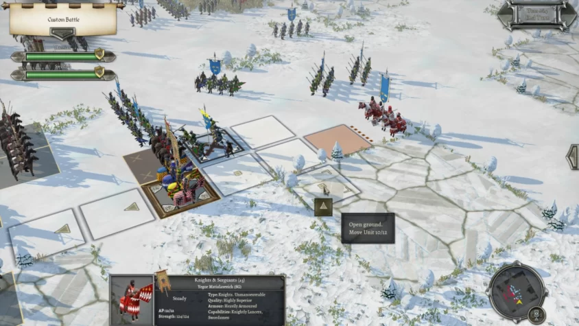 Поле битвы в игре Field of Glory II: Medieval с рыцарями и сержантами на снегу, готовыми к атаке