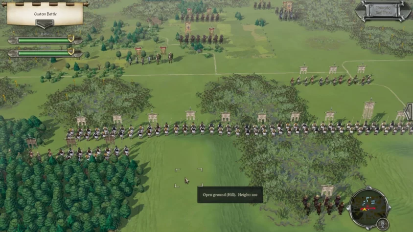 Поле битвы в игре Field of Glory II: Medieval с армиями, расположенными на холме, с деревьями вокруг