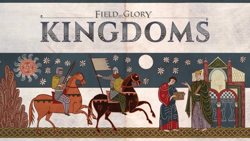 Обложка игры Field of Glory: Kingdoms, где рыцари скачут на фоне зимнего пейзажа, а где-то на заднем плане король с коробкой и мудрец с важным видом.