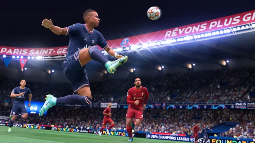 Килиан Мбаппе в прыжке в FIFA 22
