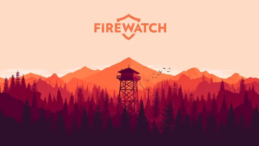 Обложка игры Firewatch — с лесом, горой и сторожевой башней на фоне заката