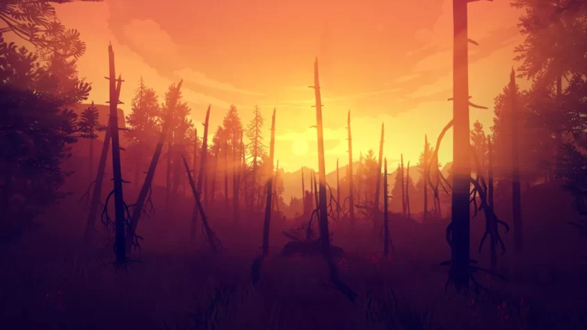 Вид на лес с засохшими деревьями и закатом, типичный для Firewatch