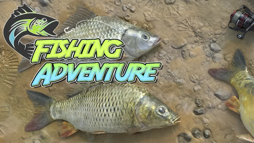 Обложка игры Fishing Adventure с изображением рыбы и рыболовной катушки на фоне песка и камней