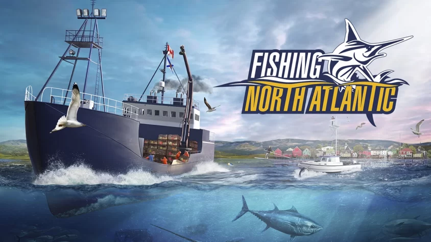 Обложка игры Fishing: North Atlantic с кораблем, летающими птицами и видом на побережье