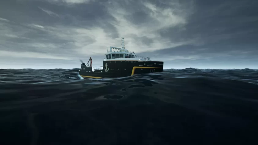 Корабль на фоне бурного океана в игре Fishing: North Atlantic