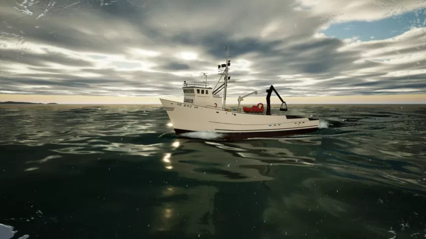 Корабль на волнах в игре Fishing: North Atlantic на фоне облачного неба