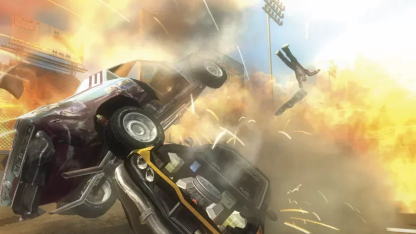 Момент взрыва в FlatOut 2, когда машины сталкиваются, а люди улетают в небо