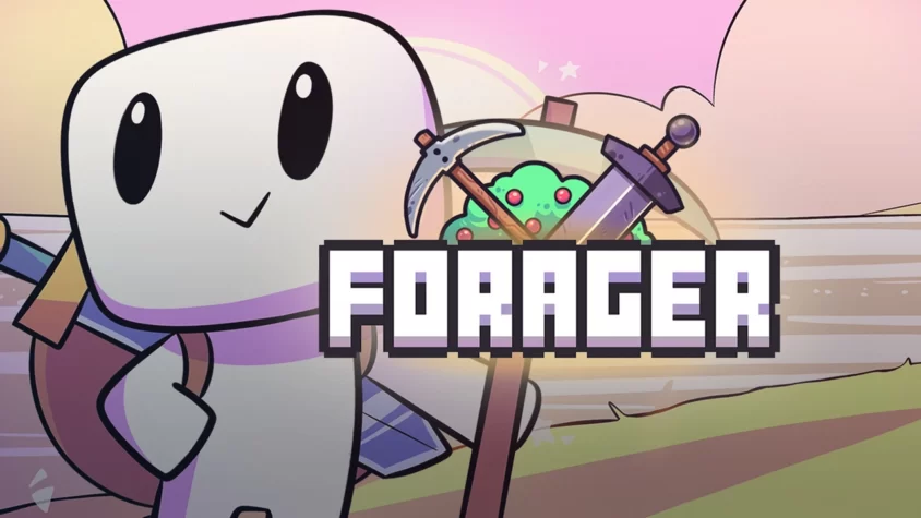 Обложка игры Forager с милым персонажем и двумя предметами: киркой и мечом