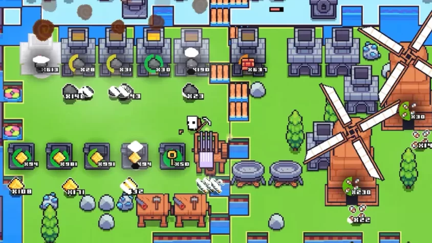 Персонаж в игре Forager среди множества производственных объектов и мельниц