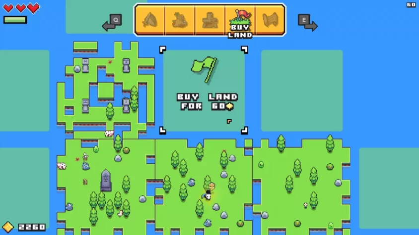 Персонаж в игре Forager перед выбором нового участка земли, который можно купить за 60 монет
