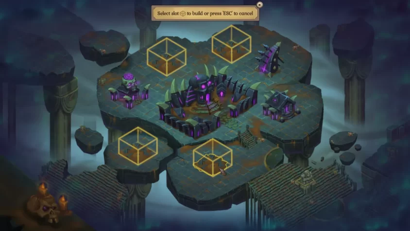 Геймплей игры Fort Triumph, выбор участка для строительства на фоне мистического ландшафта