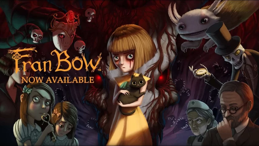 Обложка игры Fran Bow Обложка игры Fran Bow с изображением главной героини, её кота и странных персонажей на фоне зловещих существ