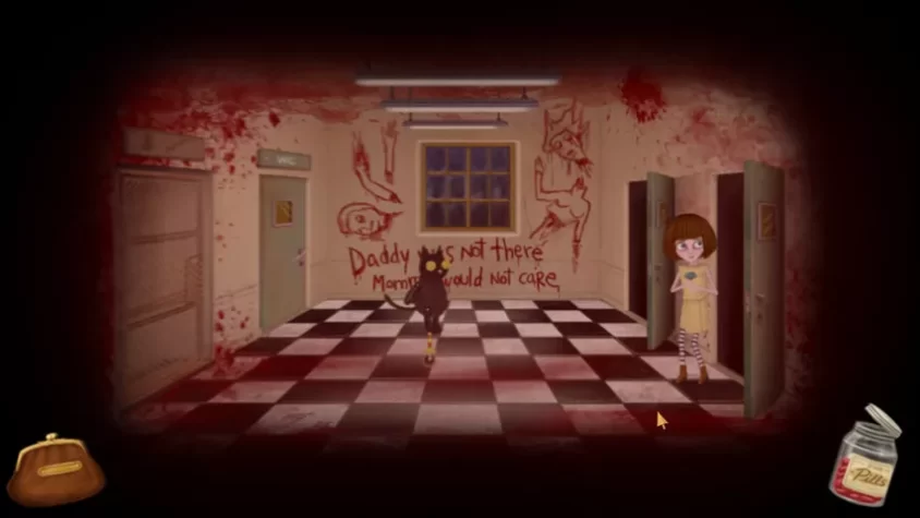 Кадр из игры Fran Bow: коридор, покрытый кровью, с надписью на стене и странной девочкой в жёлтом платье