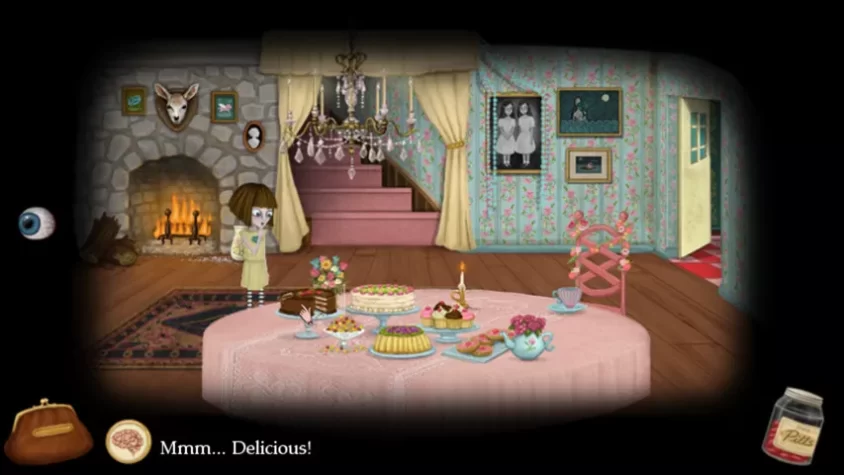 Кадр из игры Fran Bow: стол с пирогами и чаем, девочка в жёлтом платье, сидит рядом с камином, наслаждаясь угощением