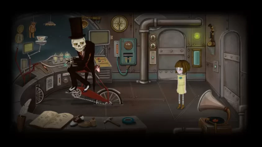 Кадр из игры Fran Bow: скелет в цилиндре на велосипеде и девочка в жёлтом платье в необычной лаборатории с паровыми трубами