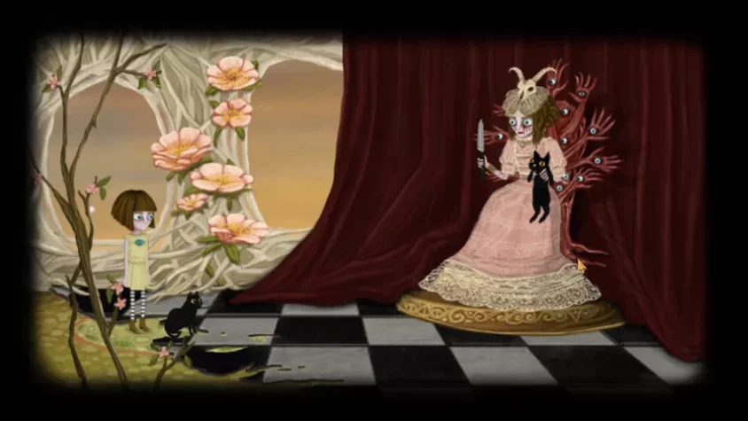 Кадр из игры Fran Bow: странная женщина на троне с руками на спине, окружённая цветами, и девочка с котом на фоне