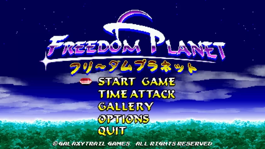 Главное меню игры Freedom Planet с яркими кнопками и японскими символами, потому почему бы и нет?