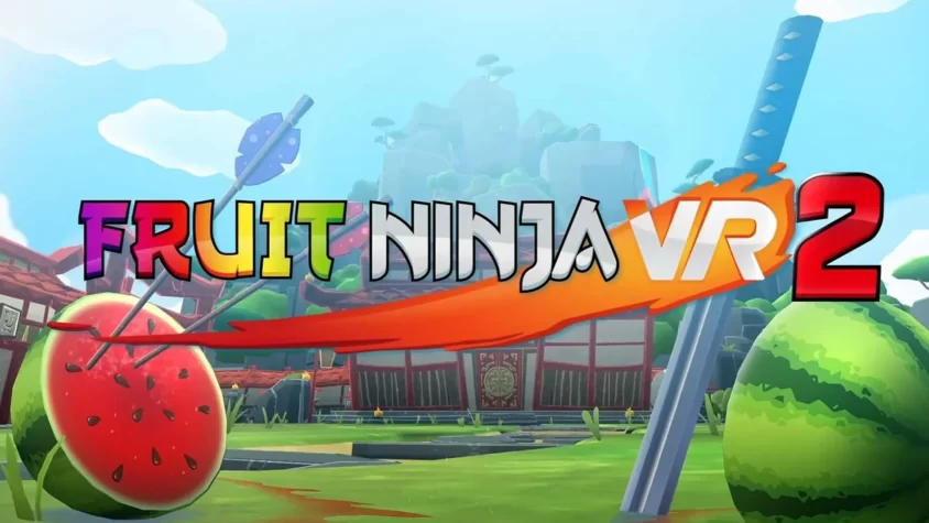 Обложка игры Fruit Ninja VR 2, на которой видна арена, арбалет и фруктовые взрывы