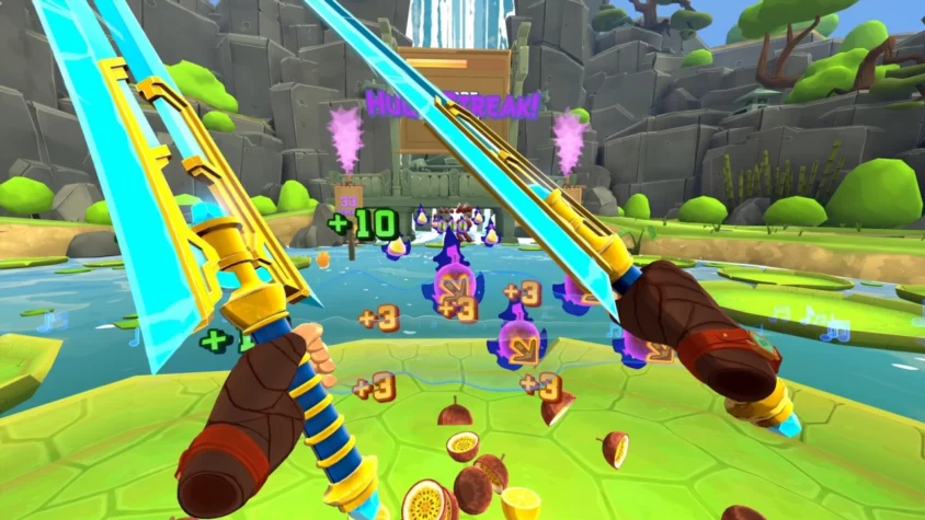 Геймплей Fruit Ninja VR 2 с виртуальными мечами и разлетающимися фруктами
