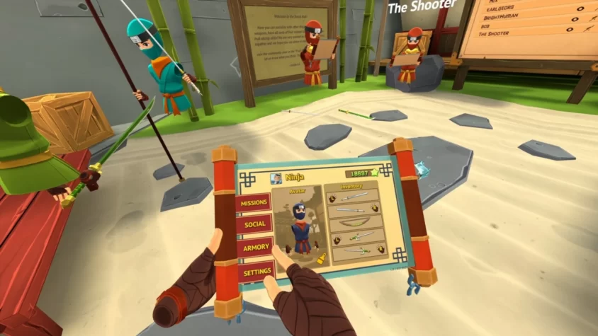 Интерфейс Fruit Ninja VR 2 с инвентарем и выбором оружия на экране