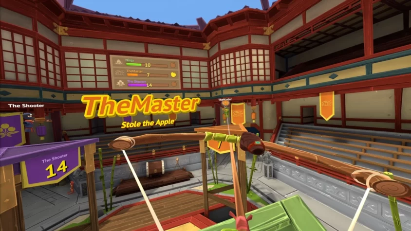 Геймплей Fruit Ninja VR 2 с арбалетом и табличкой 'TheMaster Stole the Apple'