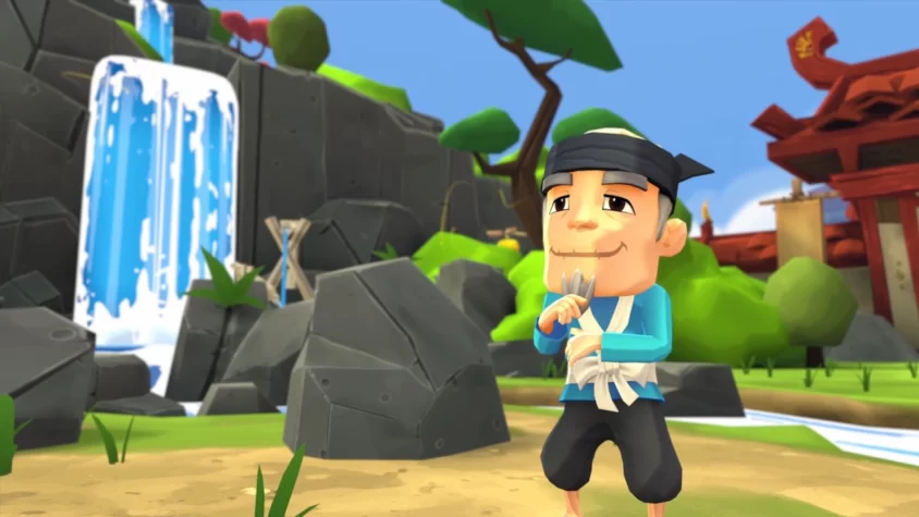 Персонаж из игры Fruit Ninja VR 2 с улыбкой и фруктом на фоне водопада