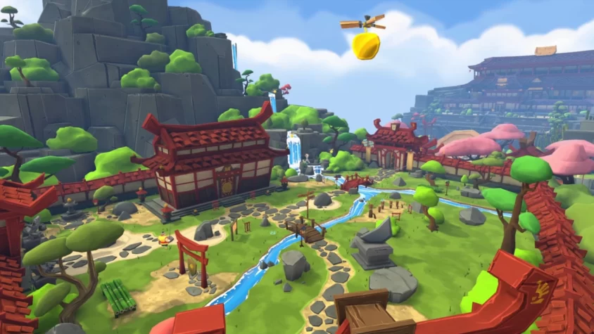 Пейзаж игрового мира Fruit Ninja VR 2 с водопадом и летающим фруктом