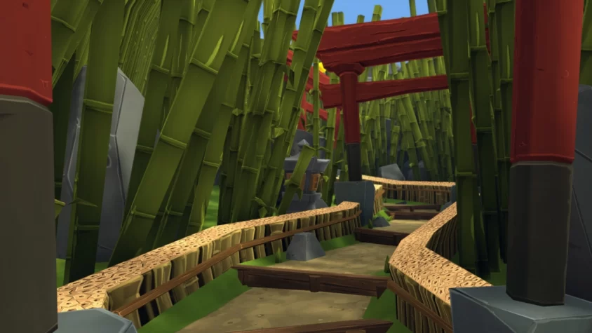 Пейзаж в игре Fruit Ninja VR 2 с бамбуковыми лесами и деревянными мостиками