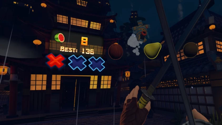 Игрок в Fruit Ninja VR пытается получить высокий результат, но неудачно пропустил несколько фруктов
