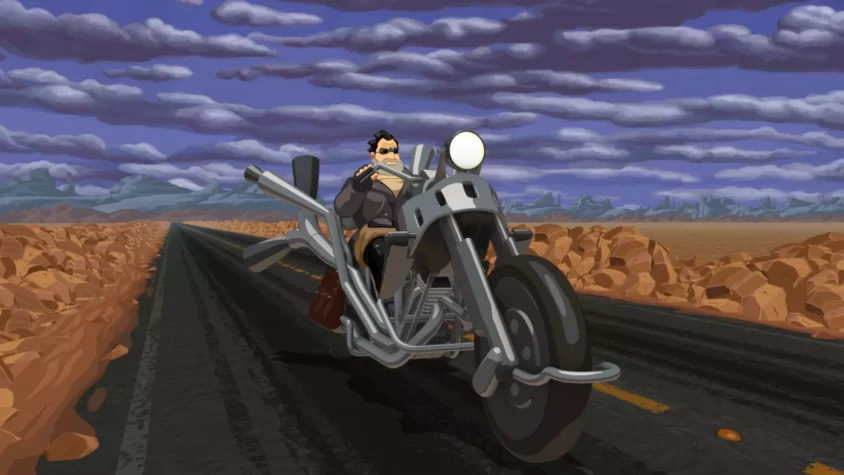Главный герой мчится по пустынной дороге на байке в Full Throttle Remastered