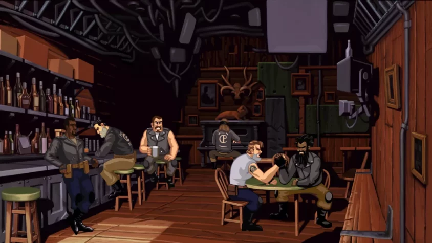 Бар и байкеры за столом, кто-то на стойке, кто-то за игрой в армрестлинг в Full Throttle Remastered