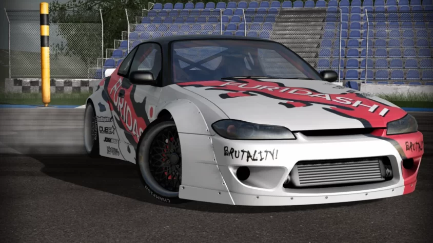 Автомобиль из игры FURIDASHI: Drift Cyber Sport, готовый к очередному дрифту, с ярким и агрессивным дизайном