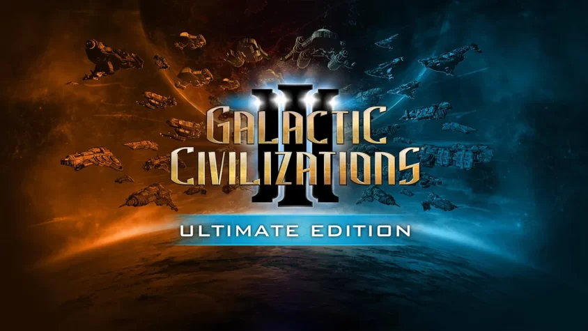Обложка игры Galactic Civilizations 3, на которой изображены космические корабли и планета