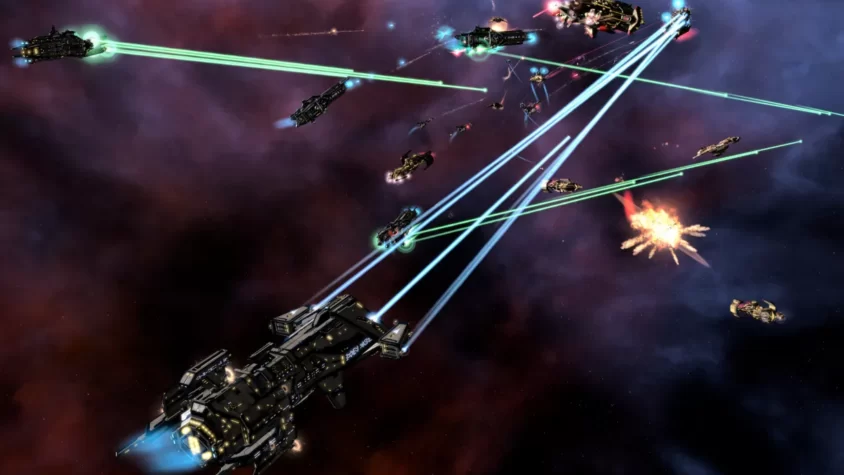 Космическое сражение в Galactic Civilizations 3 с лазерными боями между кораблями