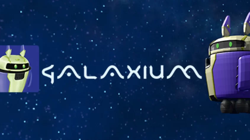 Galaxium — космическая игра с роботом на обложке Обложка игры Galaxium, где изображен робот с зеленым светом на фоне звездного неба