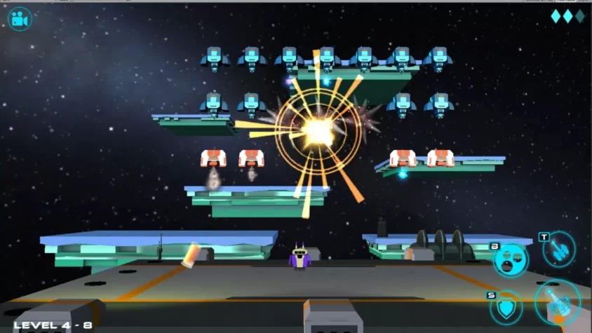 Игровой процесс Galaxium, уровень 4-8, где идет разрушение роботов с яркими взрывами