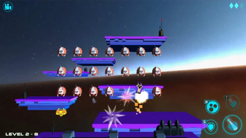 Игровой процесс Galaxium, уровень 2-8, где робот сражается с противниками на платформах