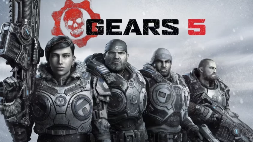 Обложка игры Gears 5 с персонажами, готовыми к бою