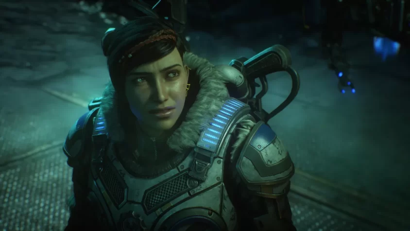 Персонаж Gears 5 смотрит вверх, явно задумавшись о чем-то важном